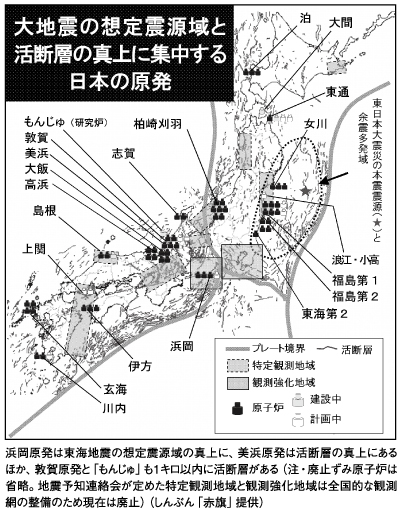大地震の想定震源域と活断層の真上に集中する日本の原発