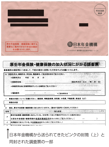 日本年金機構から送られてきたピンクの封筒（上）と同封された調査票の一部
