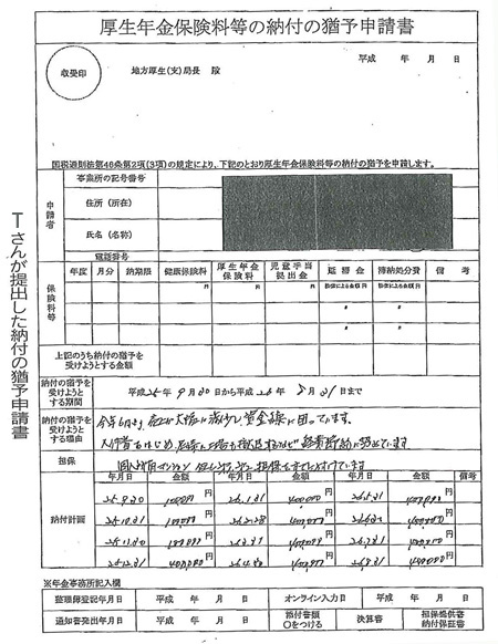 Tさんが提出した納付の猶予申請書