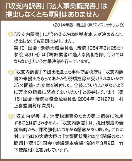 「収支内訳書」「法人事業概況書」は提出しなくとも罰則はありません(2014年版「自主計算パンフレット」より)