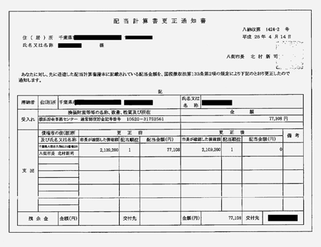 配当金全額の返金を示す更正通知書