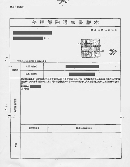 Tさんんに届けられた差し押さえ解除通知書